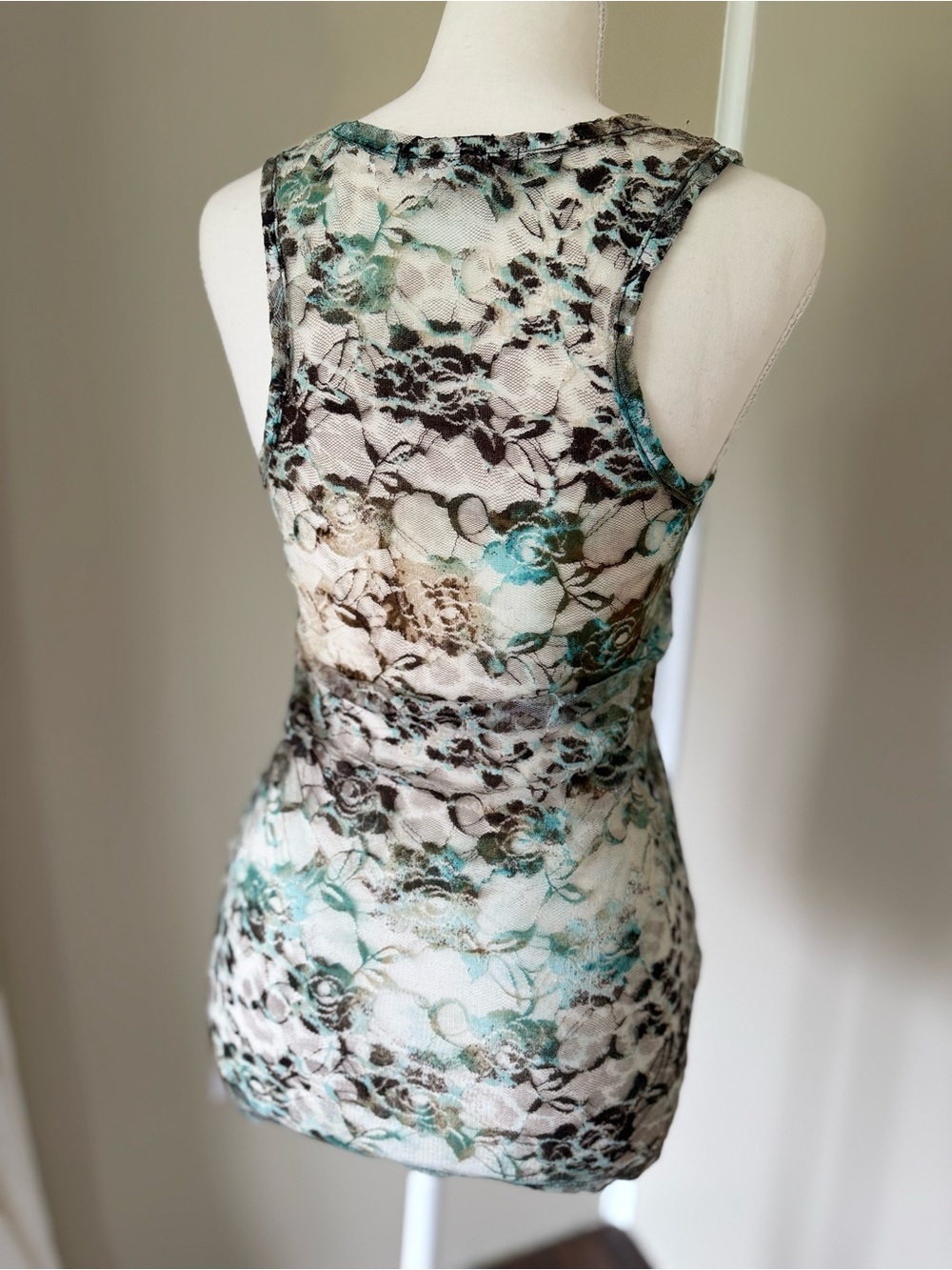 Vintage Y2K Almost Famous Floral Lace Tank sheer Top Teal Brown floral cheetah - Picture 6 of 9